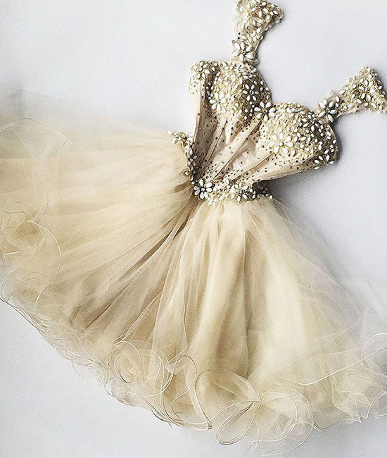 Champagne sweetheart tulle short prom dress, cute homecoming dress – shdress