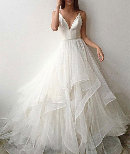 White tulle v neck long prom dress, white tulle evening dress - shdress