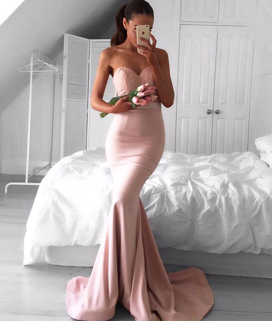 Pink sweetheart neck lace mermaid long prom dress, pink bridesmaid dress - shdress