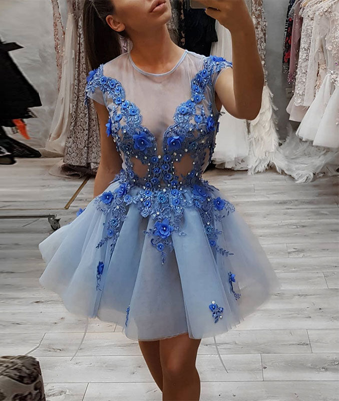 Blue round neck lace short prom dress, blue tulle evening dress - shdress