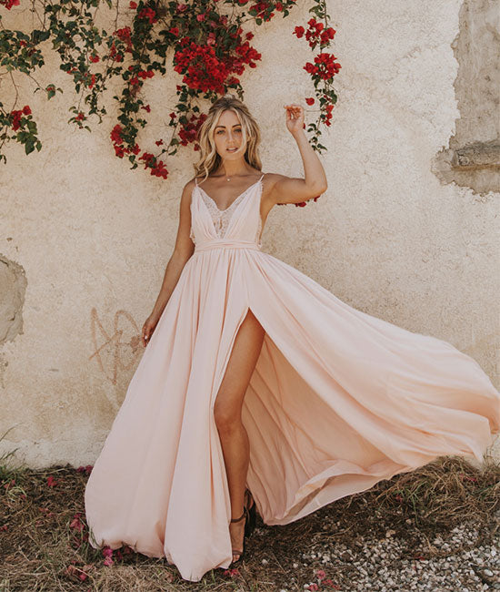 light pink chiffon cocktail dress Light Pink Formal Dress V-Neck Pleated Chiffon Maxi Dress with 3D Flower chiclody