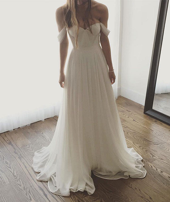 Simple sweetheart neck chiffon white long prom dress, bridesmaid dress - shdress