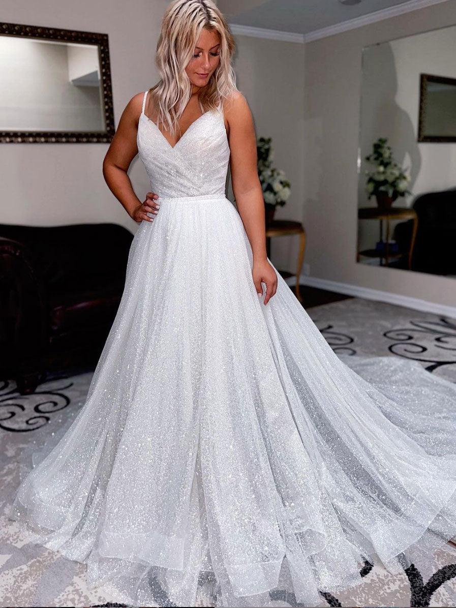 Simple white A-line sequin long prom dress, white evening dress shdress Simple white A-line sequin long prom dress, white evening dress shdress