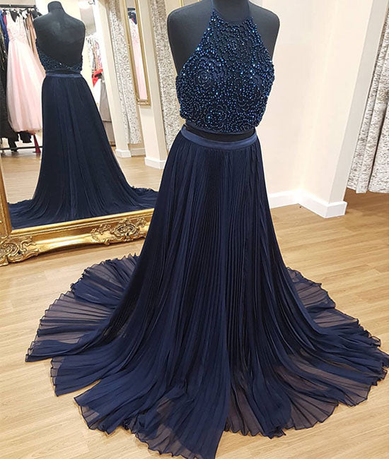 Dark blue two pieces beads chiffon long prom dress, evening dress - shdress