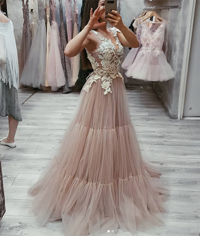 
                  
                    Champagne v neck tulle lace long prom dress, champagne tulle evening dress - shdress
                  
                
