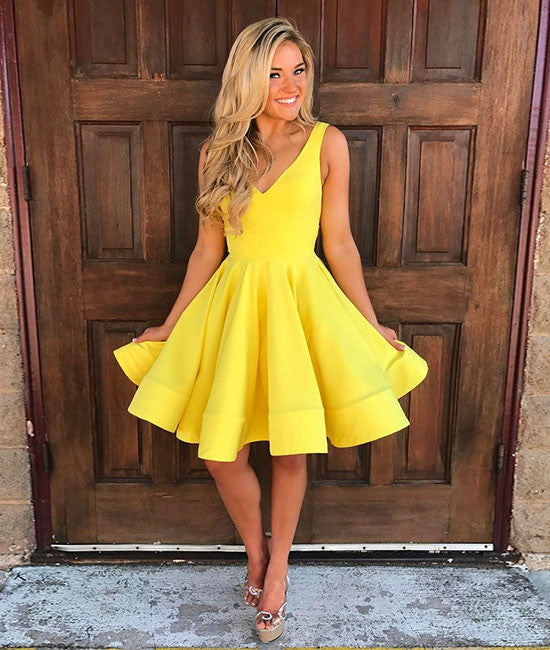 Cute yellow v neck short prom dress, yellow homecoming dress - shdress
