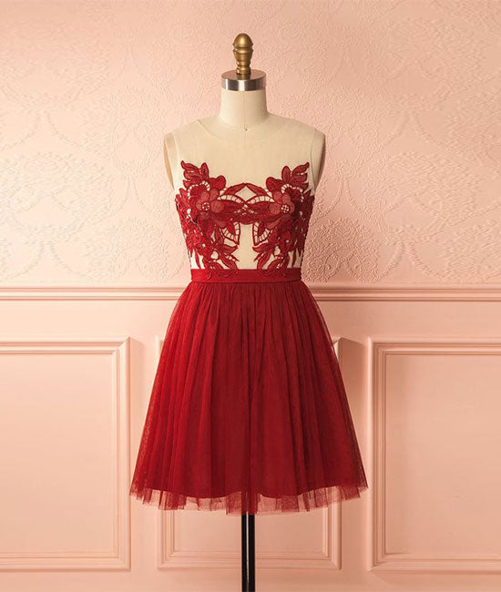 
                  
                    Burgundy tulle lace short prom dress, burgundy homecoming dress - shdress
                  
                