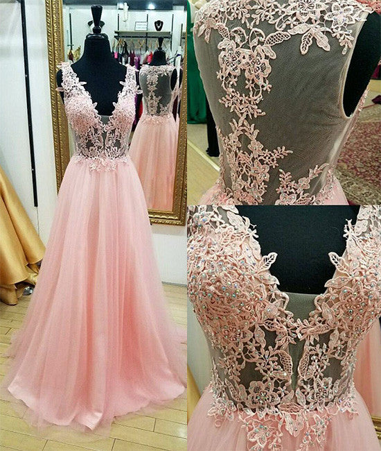 Pink v neck lace long prom dress, pink evening dress - shdress
