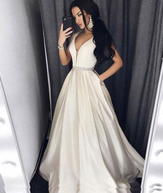 Simple white v neck satin long prom dress, white evening dress - shdress