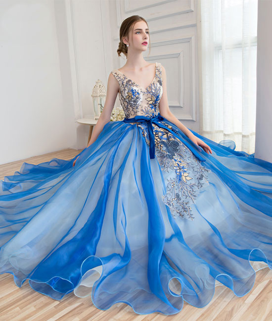 
                  
                    Royal blue tulle applique long prom dress, blue evening dress - shdress
                  
                