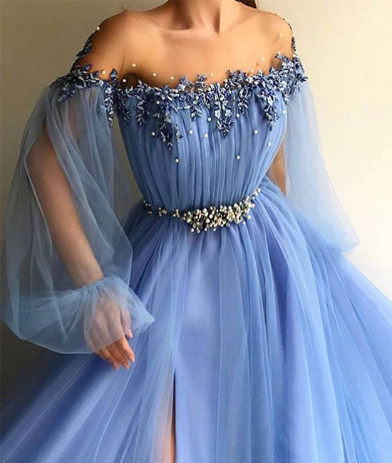 Blue round neck tulle lace applique long prom dress, blue evening dress - shdress