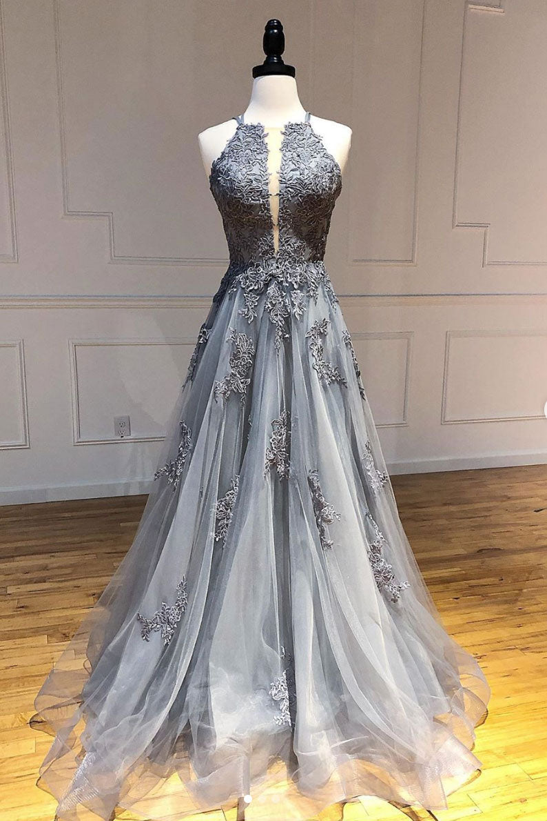 Gray tulle lace long prom dress gray tulle lace formal dress shdress Gray tulle lace long prom dress gray tulle lace formal dress shdress