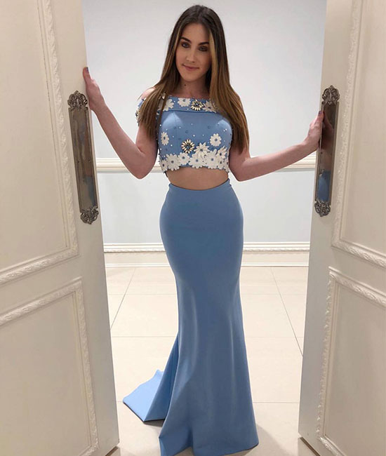 
                  
                    Blue two pieces mermaid long prom dress, blue evening dress - shdress
                  
                