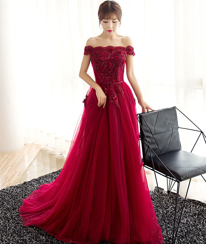 Burgundy tulle lace long prom dress, burgundy tulle evening dress - shdress