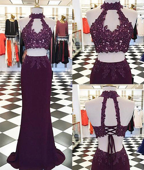Burgundy two pieces lace long prom dress, evening dress - shdress