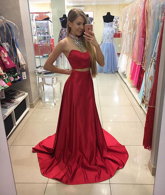 Red two pieces sequin long prom dress, red evening dress - shdress