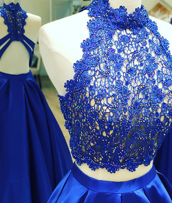 blue two pieces lace long prom dress, blue lace evening dress shdress blue two pieces lace long prom dress, blue lace evening dress shdress