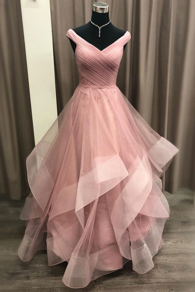 
                  
                    Pink tulle off shoulder long prom dress, pink evening dress
                  
                