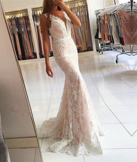 White v neck lace mermaid long prom dress, lace evening dress - shdress