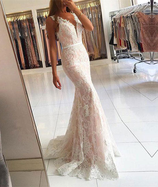 White v neck lace mermaid long prom dress, lace evening dress shdress White v neck lace mermaid long prom dress, lace evening dress shdress
