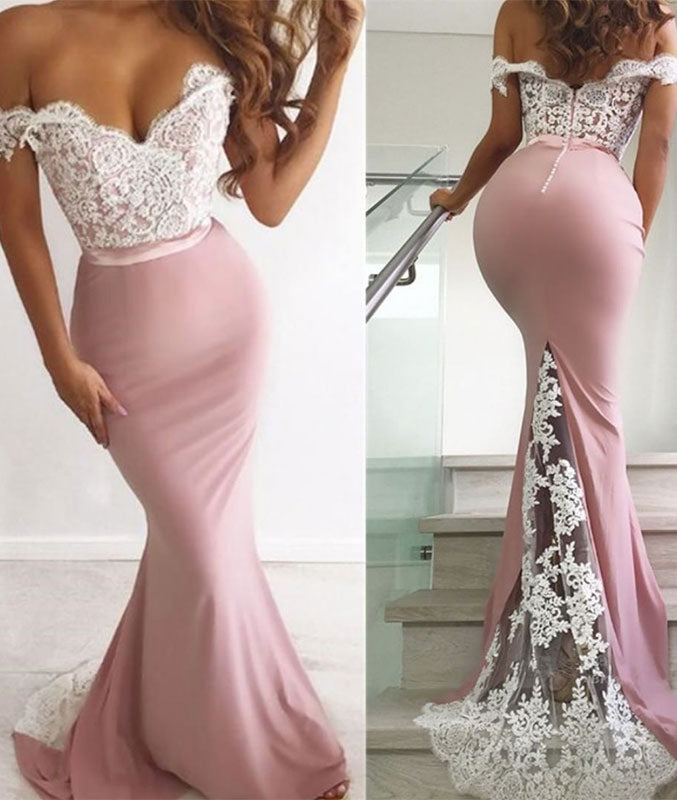 Pink lace mermaid long prom dress, pink lace bridesmaid dress - shdress