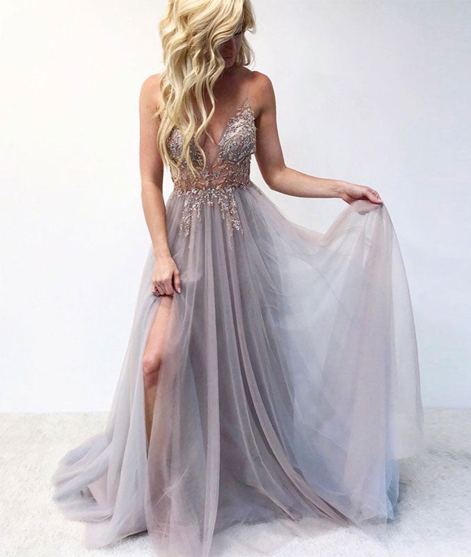 Gray v neck tulle lace long prom dress, gray tulle evening dress - shdress