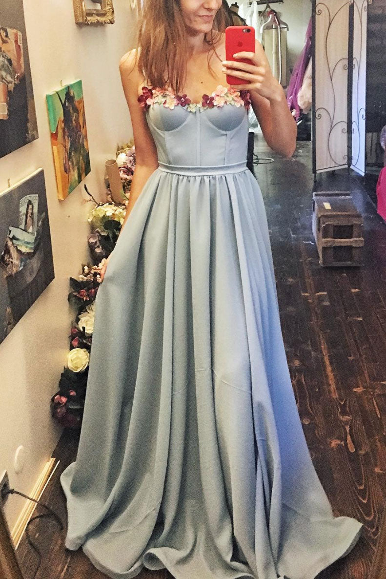 Blue sweetheart long prom dress, blue evening dress