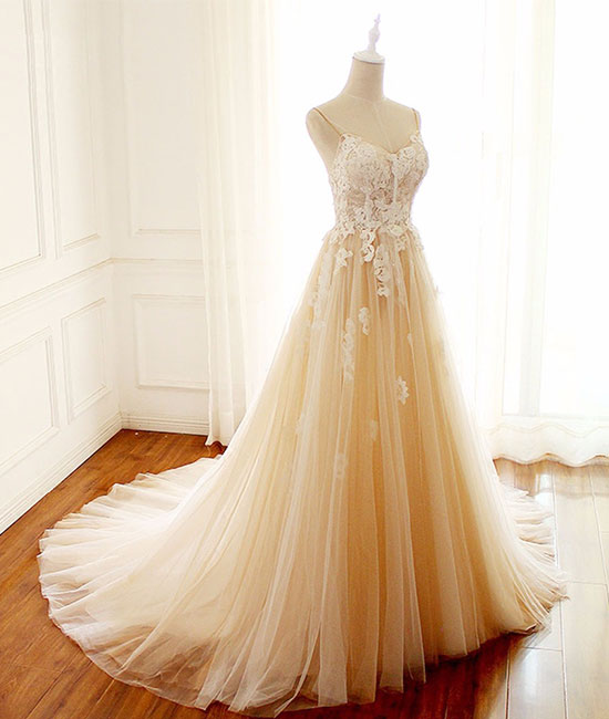Champagne v neck tulle lace long prom dress, champagne tulle evening dress - shdress