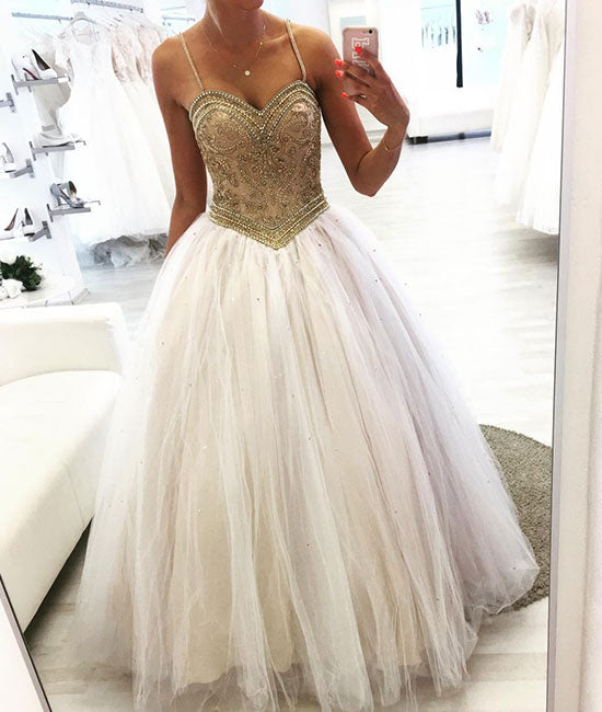 Unique sweetheart neck tulle beads long prom dress, tulle formal dress - shdress