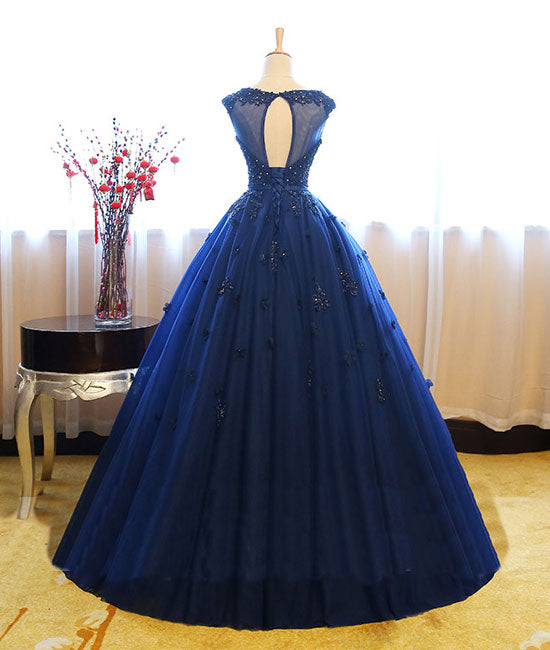 Dark blue tulle lace long prom dress dark blue sweet 16 dress shdress