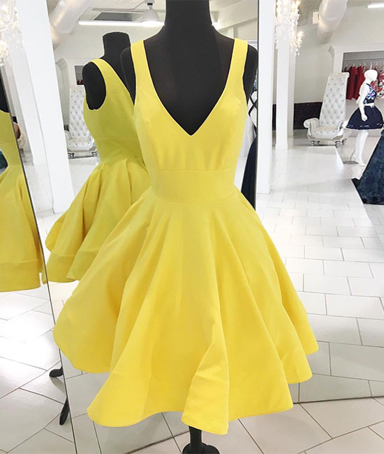 Yellow v neck satin short prom dress, yellow homecoming dress - shdress