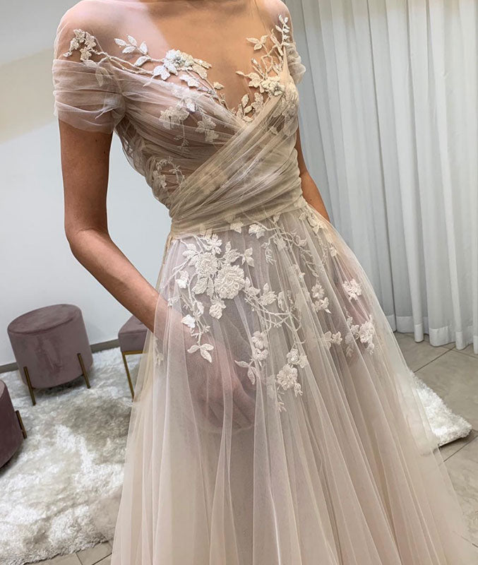 
                  
                    Light champagne tulle lace long prom dress, lace evening dress
                  
                