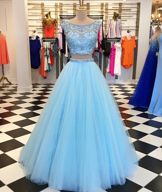 
                  
                    Blue two pieces tulle blue long prom dress, blue tulle evening dress - shdress
                  
                