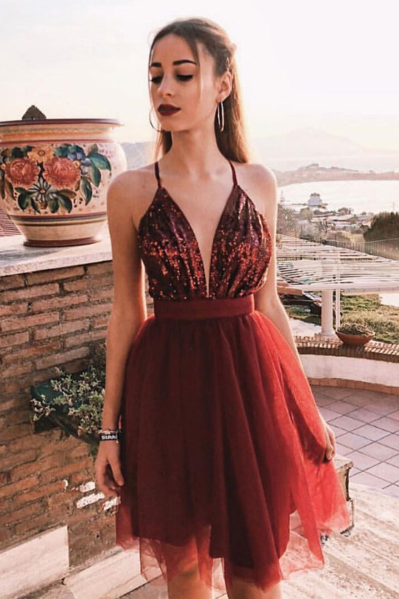 Simple v neck tulle burgundy short prom dress, burgundy evening dress