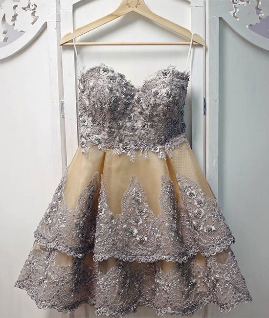 Unique sweetheart neck lace short prom dress, gray homecoming dress - shdress