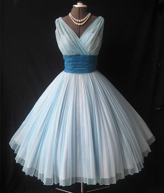 Cute retro v neck blue short prom dress, bridesmaid dress - shdress