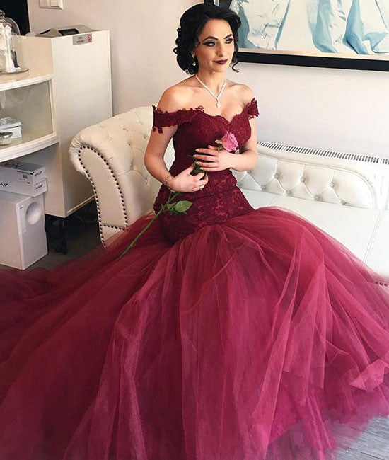 Burgundy tulle sweetheart neck lace long prom dress, evening dress - shdress