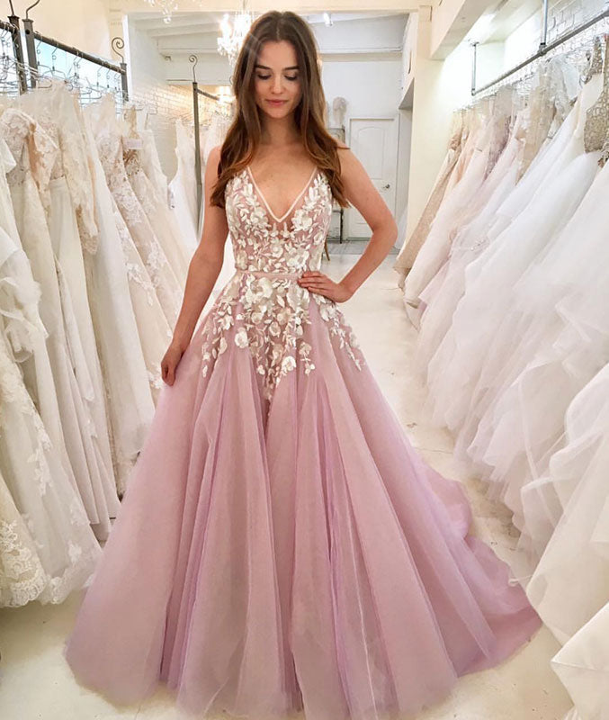 Pink v neck tulle lace long prom dress, pink tulle evening dress - shdress
