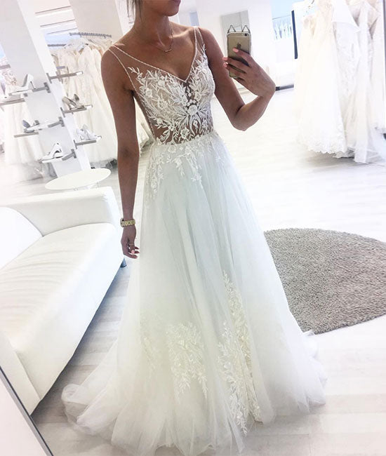 White v neck tulle lace long prom dress, white tulle evening dress - shdress