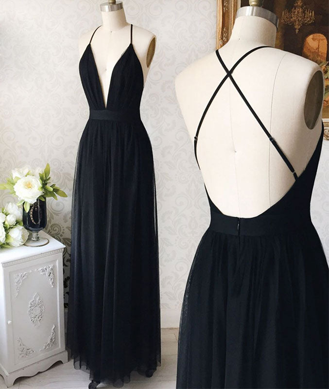 Simple v neck black tulle long prom dress, black evening dress - shdress