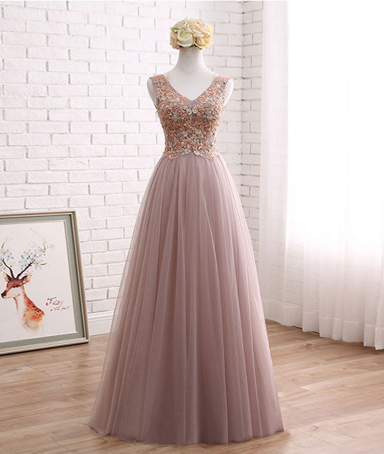 Champagne v neck tulle lace applique long prom dress, evening dress - shdress