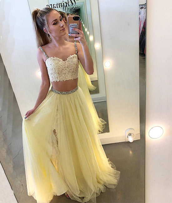 
                  
                    Yellow two pieces lace tulle long prom dress, yellow evening dress - shdress
                  
                