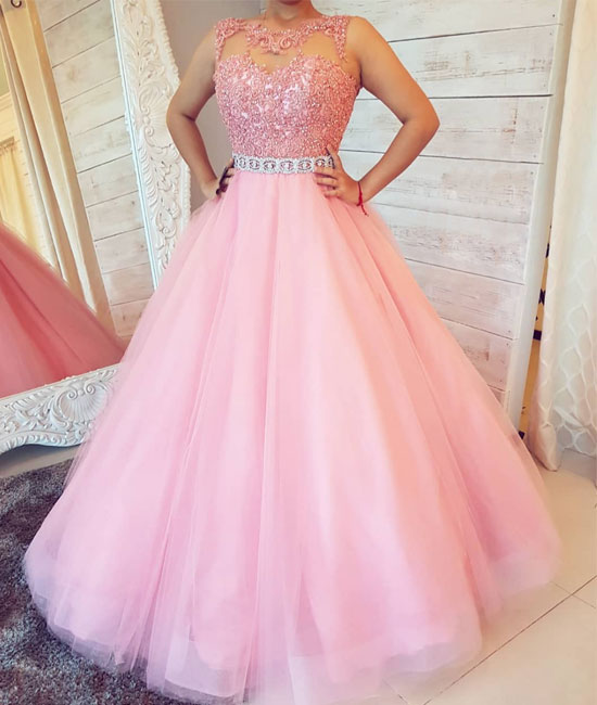 Pink round neck tulle lace long prom dress. pink evening dress - shdress