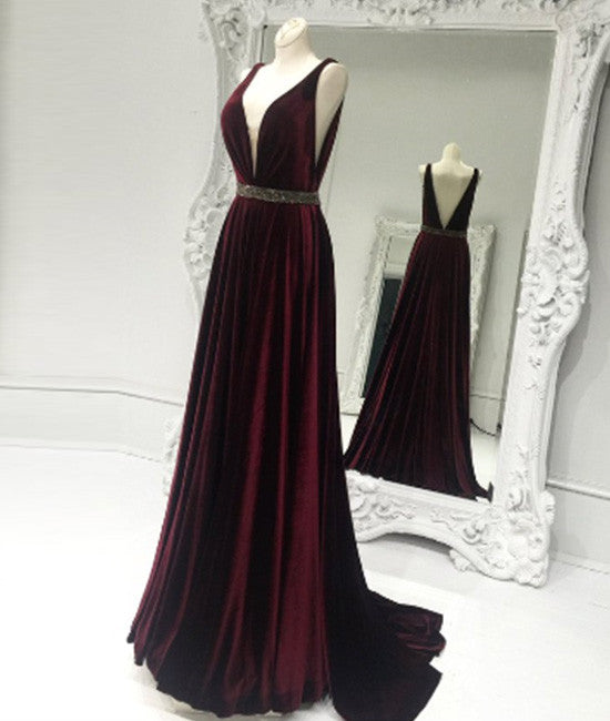 Burgundy v neck long prom dress, burgundy evening dress - shdress