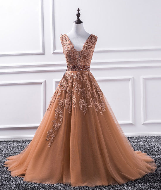 
                  
                    Champagne v neck tulle lace applique long prom dress, evening dress - shdress
                  
                