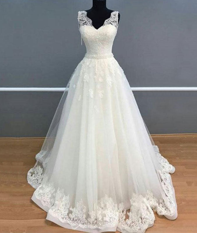White v neck tulle lace long prom dress, white tulle lace wedding dress