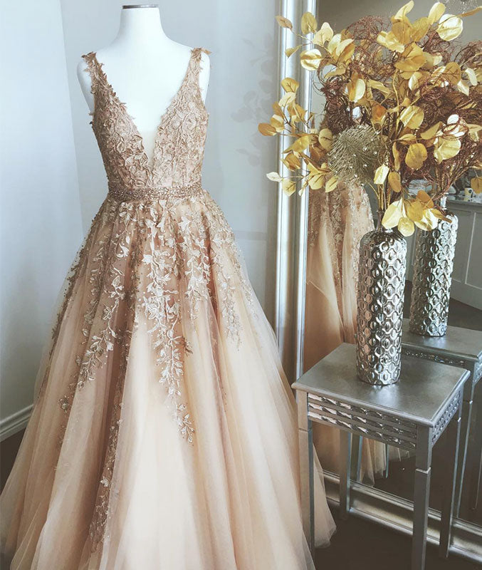Champagne v neck tulle lace long prom dress, champagne evening dress - shdress