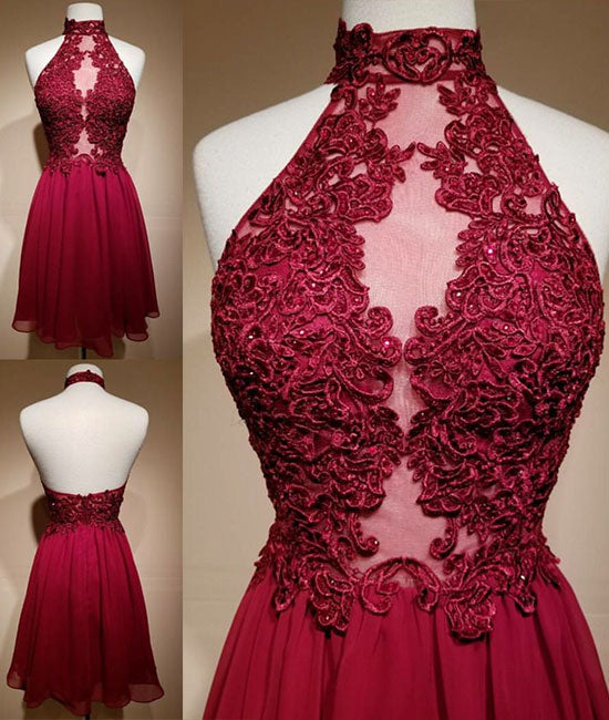 Burgundy lace short prom dress, burgundy homecoming dress - shdress