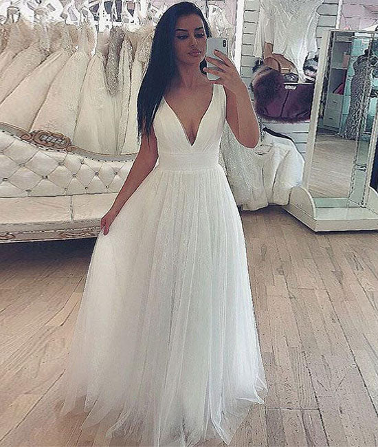 Simple v neck tulle white long prom dress, white evening dress - shdress