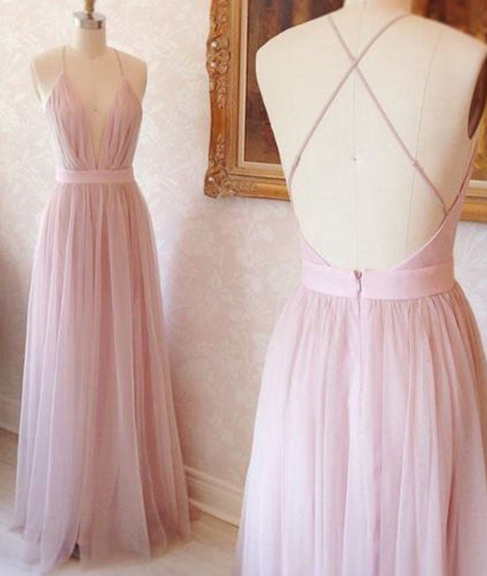 Pink v neck tulle long prom dress, evening dress - shdress